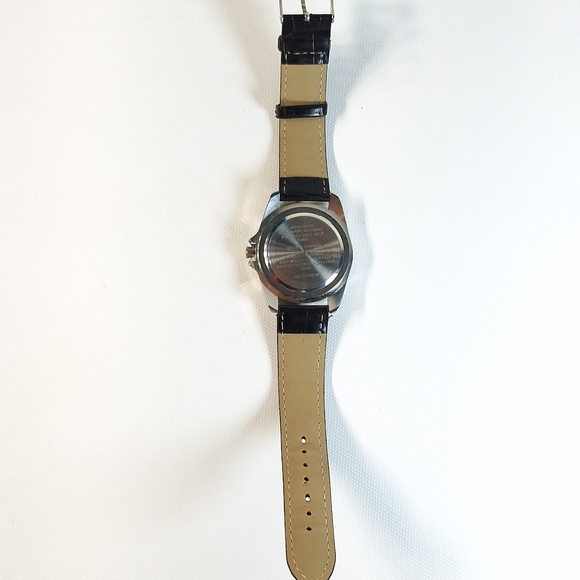 Steel & Black Leather Band Mens Quartz Analog Wrist Watch, New Battery - Picture 7 of 10